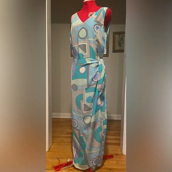 Y2K 90s Spenser Jeremy 100% Silk Mod Printed Faux Wrap Maxi Sun Dress - Picture 2 of 8
